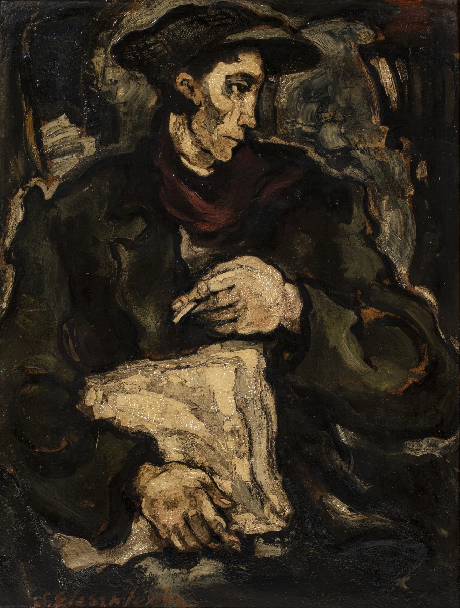 Potrait d'homme au journal et à l'écharpe rouge